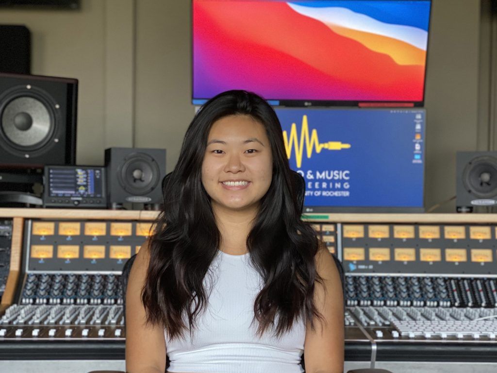 AES Dr. Christian Heil Future of Sound Scholarship recipient Jessica Luo pictured at University of Rochester's Gavett Audio Studio