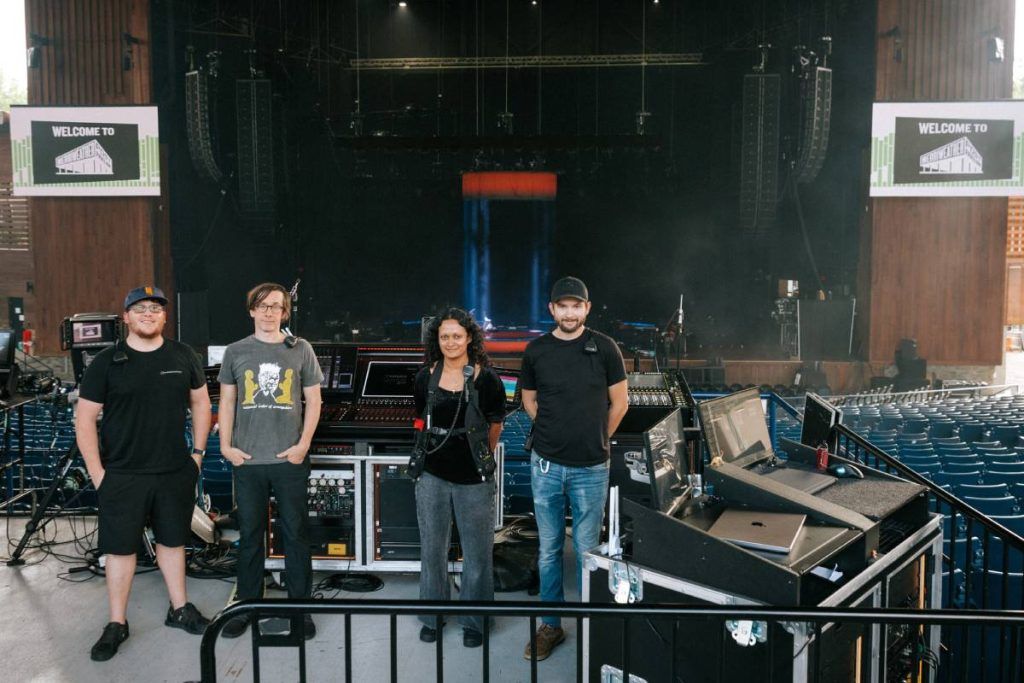 Mitski’s audio crew (left to right), with Worley Sound’s L-Acoustics K Series line arrays seen in the background: system engineer Eric Rogers, FOH engineer Patrick Scott, monitor engineer Ashoka Kanungo, and production manager Nick Hardy