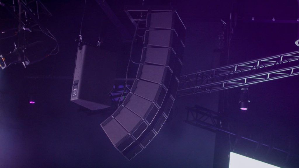 The L-Acoustics professional sound system setup includes 16 Kara IIi loudspeakers