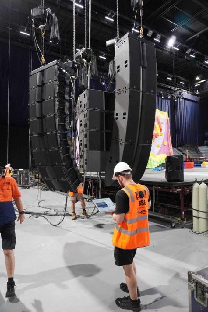 Brisbane Sound Group team ready to deploy two L-Acoustics L2, one L2D, four KS28 and eight K3 per side for out-fill in the Brisbane Entertainment Centre