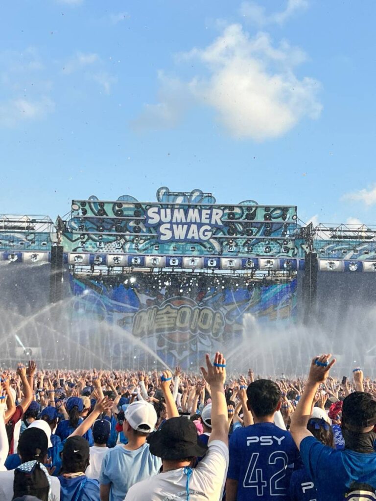 PSY's Summer Swag 2025 concert featured spectacular water effects and a massive L-Acoustics K1 concert sound system delivering powerful live sound reinforcement.