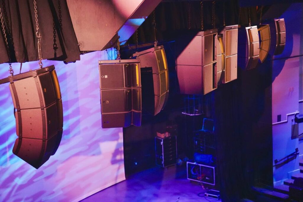 A close-up view of HOPE Center’s main arrays flown over the stage