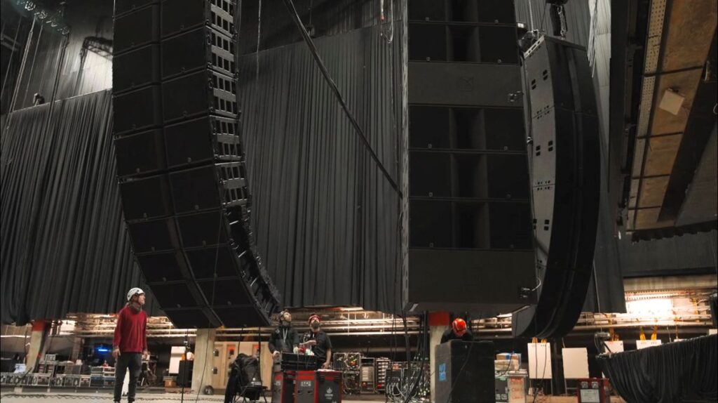 The EXOSOUND team preparing to hoist the L-Acoustics arrays