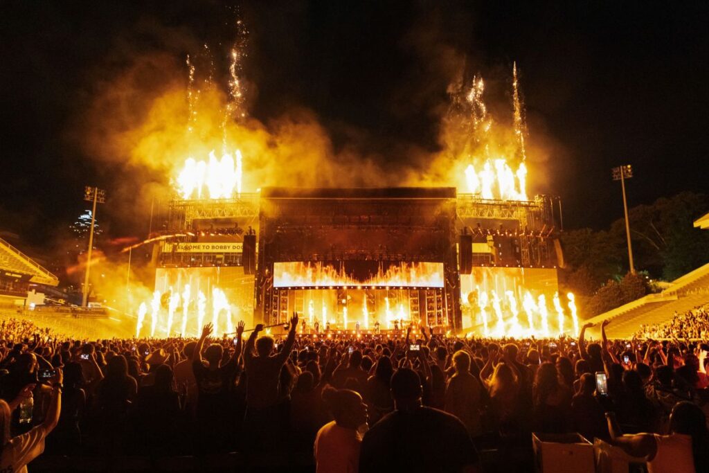 Bruno Mars’ The Romantic Tour performance in Atlanta with sound by Clair Global using the brand new L-Acoustics L1 system and Source Intelligence