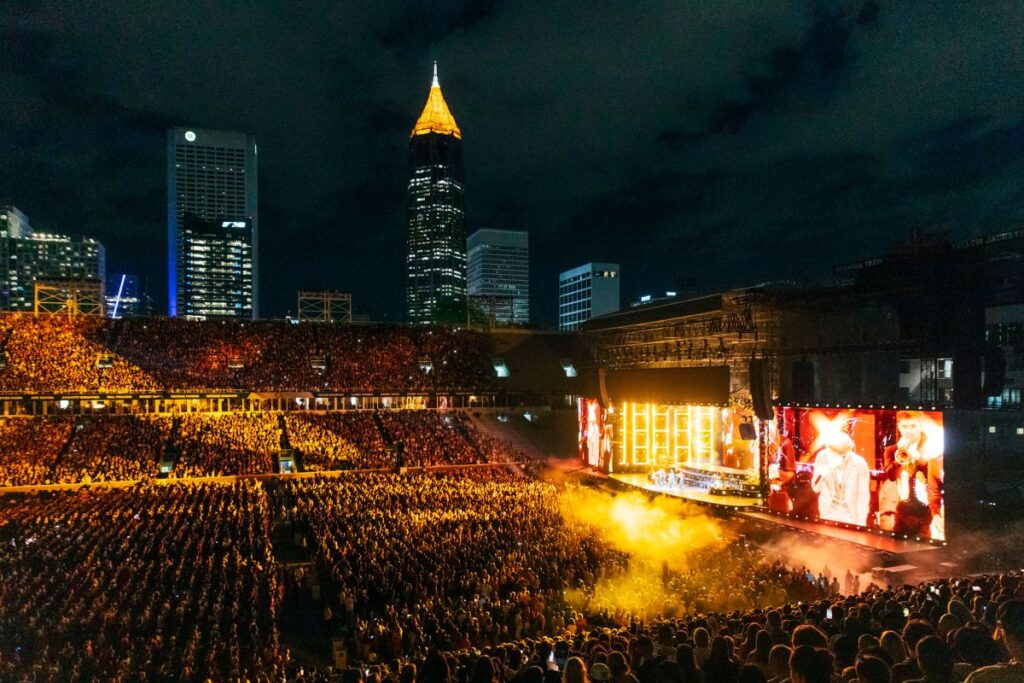 L-Acoustics L1/L1D line arrays paired with CS1 subs deliver full-bandwidth coverage across Atlanta’s Bobby Dodd Stadium on Bruno Mars’ The Romantic Tour