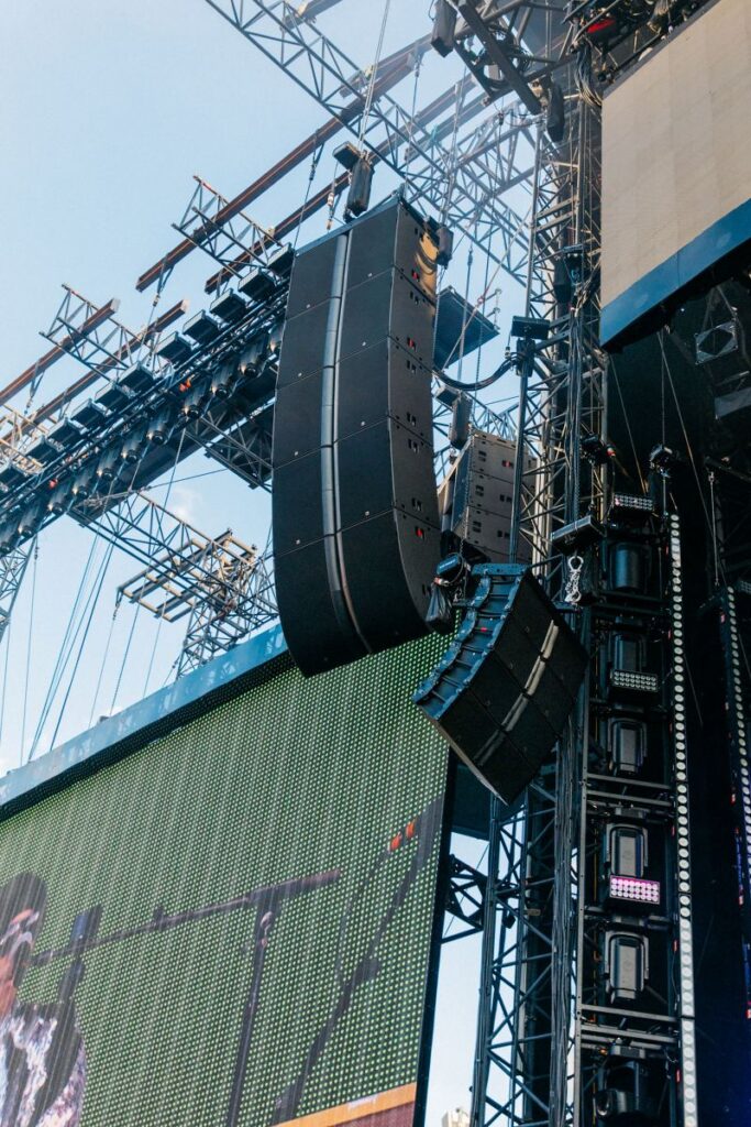 The tour’s main arrays comprise five L-Acoustics L1 over one L1D per side, each backed by 10 CS1 flown subs, plus matching side-fill arrays of five L1 over one L1D